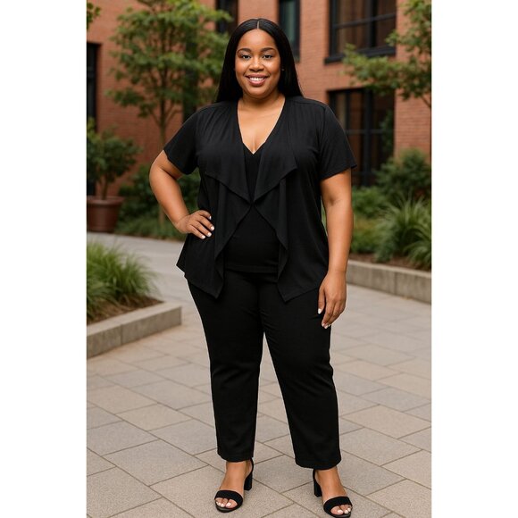 New Directions Plus Size 1X Cardigan Sweater Top Black Open Front Short-Sleeve - Picture 8 of 10